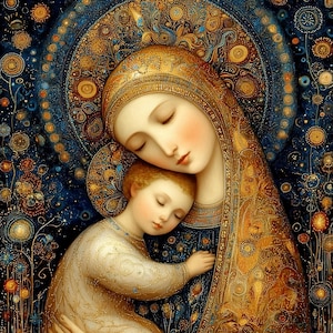 Könnte beinhalten: Digitales Gemälde im byzantinischen Stil, das eine Mutter und ein Kind darstellt. Die Mutter trägt eine goldene Kopfbedeckung und ein goldenes Gewand und umarmt das Kind. Der Hintergrund ist tiefblau mit goldenen Akzenten. Die Figuren haben geschlossene Augen.