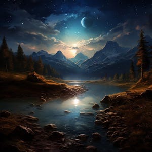 Op de afbeelding: Een digitale schildering van een serene nachtlandschap. Een halve maan en sterren verlichten de lucht boven besneeuwde bergen, een kalm meer en groenblijvende bomen. De scène roept een gevoel van vrede en rust op.