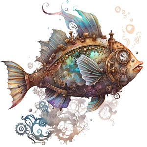Padrão de peixes aquarela de engrenagens steampunk compatível com PDF download digital instantâneo ponto cruz contado 14ct P&B, impressão de gráfico de cores