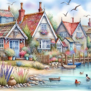 Whimsical Seaside Cottages 7 patrones compatibles con PDF descarga digital instantánea punto de cruz contado 18ct B&N, impresión de tabla de colores
