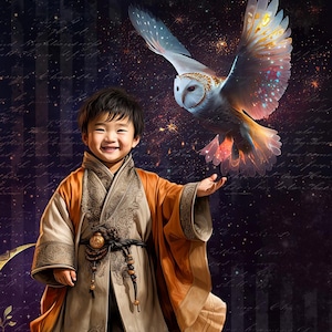 May include: A young person wearing a long, orange and beige robe with intricate embroidery and a beaded belt, standing in front of a starry night sky with a white owl with iridescent feathers flying overhead.