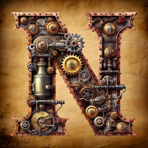 May include: A detailed steampunk-style letter "N" made from bronze, copper, and brass gears and cogs. The letter is set against a vintage paper background. The design incorporates various mechanical components and rivets, creating a three-dimensional effect.