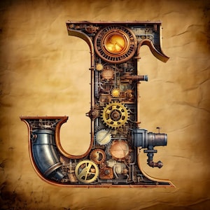 Steampunk alphabet letter J large size pattern keeper compatible PDF instant digital download 18ct BW color printout