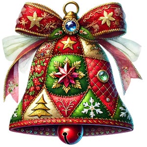 May include: A decorative Christmas bell with a patchwork design. The bell features red, green, and gold colours, with a red bow at the top. Embellishments include stars, snowflakes, and gemstones. A small red bell hangs at the bottom.