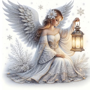 May include: A white angel with long flowing hair and a white gown holds a lantern with a warm glow. The angel is surrounded by snowflakes and a snowy background.