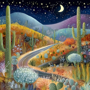 Puede incluir: Ilustración caprichosa de un paisaje desértico nocturno. Un camino sinuoso atraviesa una escena llena de cactus, arbustos y plantas coloridas. El cielo nocturno es azul oscuro, salpicado de estrellas y una luna creciente.
