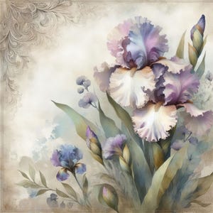 Puede incluir: Una pintura de acuarela de iris púrpuras y blancas con hojas verdes sobre un fondo marrón claro.