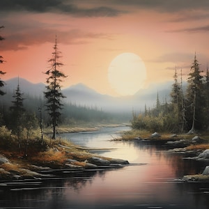 Pintura a óleo cênica 1 padrão compatível com PDF download digital instantâneo ponto cruz contado 28ct P&B impressão de gráfico de cores