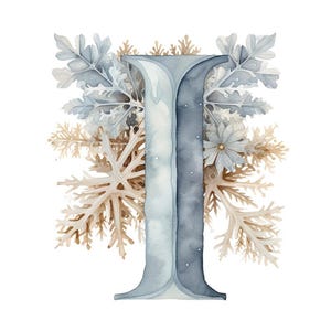 Peut inclure: Illustration à l'aquarelle de la lettre "I" dans des tons de bleu et de gris, ornée de flocons de neige et d'éléments floraux. Le design présente un thème hivernal avec un style artistique délicat, idéal pour la décoration saisonnière ou les cadeaux personnalisés.