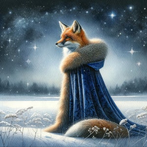 May include: A red fox wearing a blue velvet cloak with a fur collar stands in a snowy landscape under a starry night sky.