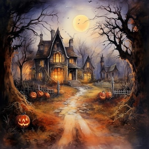 Casa assombrada assustadora cena de Halloween PDF download digital instantâneo contado padrão de ponto cruz compatível com BW, impressão de gráfico de cores