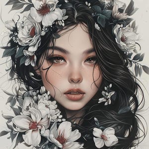Op de afbeelding: Een digitale schildering van een vrouw met lang zwart haar versierd met witte bloemen. De vrouw heeft bruine ogen en een zachte uitdrukking. De bloemen zijn gerangschikt in een krans rond haar hoofd en vallen over haar schouders.