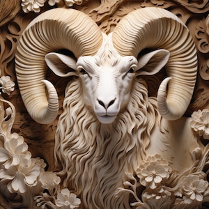 Può includere: Una scultura in legno dettagliata di una testa di ariete con dettagli intricati nelle corna e nella pelliccia. La testa di ariete è circondata da fiori e foglie scolpiti.