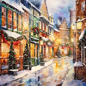 Puede incluir: Una pintura de acuarela de una calle cubierta de nieve bordeada de edificios iluminados y decorados con luces navideñas y guirnaldas. La calle está vacía, con una suave nevada que crea una atmósfera mágica.