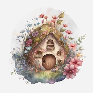 May include: A whimsical illustration of a small cottage nestled in a bed of flowers. The cottage has a brown door and windows, and is surrounded by pink, purple, and blue flowers. The cottage is set against a watercolor background.