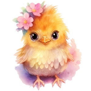 May include: A cute yellow chick with a pink flower crown. The chick has big, round eyes and a small, orange beak. The background is a soft, watercolor wash of pink and purple.