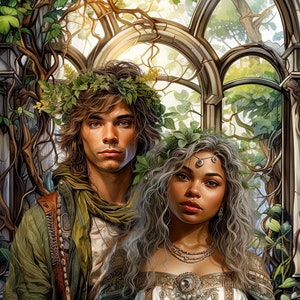 Peut inclure: Portrait d'un couple debout devant une fenêtre avec une vigne feuillue qui pousse autour. La femme a de longs cheveux argentés et porte une robe blanche avec des broderies dorées. L'homme a les cheveux courts et bruns et porte une veste verte et une écharpe brune.