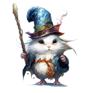 May include: A whimsical illustration of a white, fluffy creature dressed as a wizard. It wears a blue and brown pointed hat, a blue robe, and holds a wooden staff with a crystal tip. The creature has large, dark eyes and a serious expression.