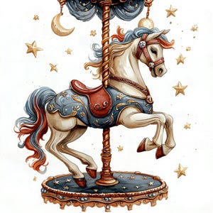 May include: A white carousel horse with a blue and gold saddle, red accents, and a flowing mane and tail. The horse is on a carousel with a blue and gold base and a gold pole. The background is white with gold stars.
