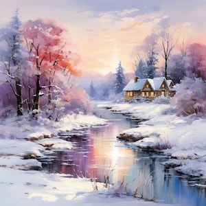 Puede incluir: Una pintura de paisaje invernal representa una escena nevada con un arroyo que refleja los colores del cielo. Una acogedora cabaña con ventanas iluminadas se encuentra entre árboles cubiertos de nieve, con tonos rosas y morados.