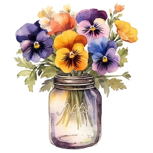 Può includere: Un dipinto ad acquerello di un mazzo di violette viola, gialle e arancioni in un vaso di vetro trasparente con un coperchio di metallo. Il vaso ha la scritta "Neat" su di esso.