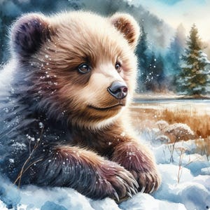 May include: Watercolor painting of a brown bear cub in a snowy landscape. The bear has light brown fur with dark brown accents and is surrounded by snow and a wintery background with trees and a lake.