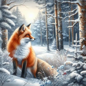 May include: A vibrant painting of a red fox with a white chest and belly, sitting in a snowy forest. The fox is looking to the left, with a backdrop of snow-covered trees and a soft, diffused light.