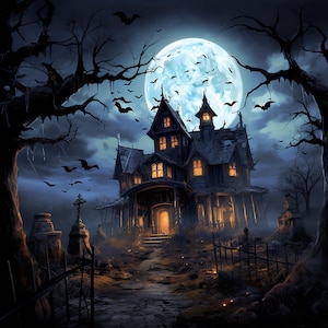 May include: A spooky, dark, and mysterious Victorian-style house with a large, full moon in the background. The house has a porch with a wooden railing and a front door with a light shining from inside. The house is surrounded by trees and a graveyard with tombstones.