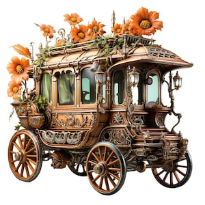 May include: A vintage-style horse-drawn carriage with intricate details and a floral design. The carriage is made of wood and metal and has a brown finish. It is decorated with orange flowers and green foliage. The carriage has four wheels and a driver's seat.