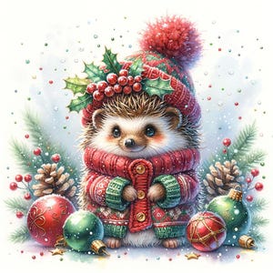 Erizo navideño en acuarela 2, compatible con Pattern Keeper, descarga digital instantánea en PDF, impresiones de gráficos de punto de cruz contado en blanco y negro CO