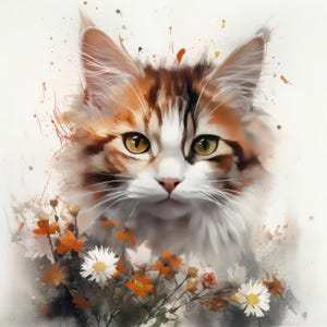 Puede incluir: Una pintura de acuarela de un gato atigrado marrón y blanco con ojos verdes. El gato está rodeado de flores naranjas y blancas.