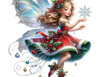 Op de afbeelding: Een illustratie van een kerstfee met blond haar, versierd met hulst en bessen. Ze draagt een rode jurk met witte rand en groene accenten, en houdt een sneeuwvlok vast. Iridescent vleugels en hangende ornamenten maken de scène compleet.
