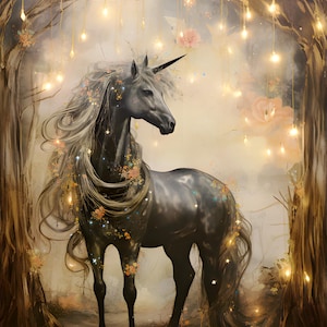May include: A black unicorn with a long flowing mane and tail stands in a magical forest setting. The unicorn is adorned with flowers and glowing lights, creating a whimsical and enchanting scene.