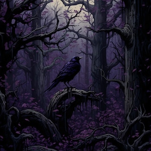 May include: A dark, moody forest scene with a single black bird perched on a branch. The forest is filled with tall, bare trees and purple foliage.