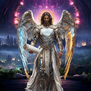 May include: A winged angel figure with long, flowing white hair and a white robe, holding a scroll. The angel is standing in front of a city skyline with a large, glowing portal in the background.