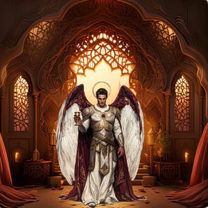 May include: A winged angel figure in a golden armor and white robe, holding a golden chalice, stands in a grand, ornate room with arched doorways and stained glass windows.