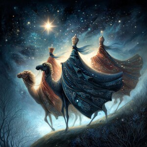 Può includere: Una rappresentazione artistica dei Re Magi sui cammelli, illuminati da una stella luminosa in un cielo stellato. Le figure sono vestite con abiti ornati di blu, rosso e oro, con corone in testa. La scena evoca un senso di meraviglia e spiritualità.
