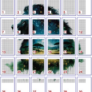 May include: A digital painting of a lion's head with a starry night sky background. The lion's mane is black and the background is a dark blue with white stars. The image is divided into 30 squares, each showing a different stage of the painting process.