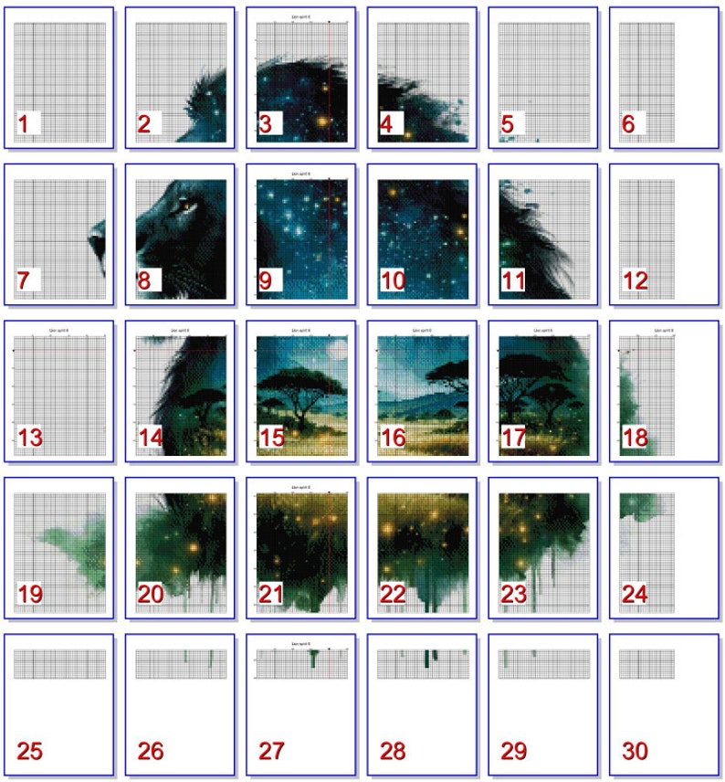 May include: A digital painting of a lion's head with a starry night sky background. The lion's mane is black and the background is a dark blue with white stars. The image is divided into 30 squares, each showing a different stage of the painting process.