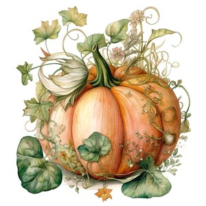 Könnte beinhalten: Ein Aquarellbild einer großen orangefarbenen Kürbis mit grünen Blättern und Ranken. Der Kürbis ist von kleinen weißen Blüten und grünen Blättern umgeben.