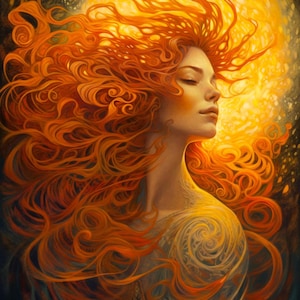 May include: A woman with long, flowing red hair that appears to be made of fire. Her eyes are closed and she is surrounded by a golden glow.