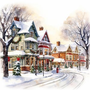 Aquarela vila de Natal 6 padrões compatível PDF download digital instantâneo ponto cruz contado 18ct P&B, impressão de cartela de cores