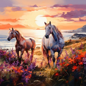 May include: Two horses stand in a field of wildflowers. The horse on the left is brown and white, while the horse on the right is white with a long, flowing mane. The sun is setting in the background, casting a warm glow over the scene.