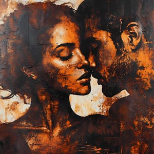 May include: An abstract painting depicts two figures in a close embrace, their faces nearly touching. The artwork uses a palette of warm browns and oranges, with textured brushstrokes creating depth and emotion. The figures are silhouetted against a lighter background.