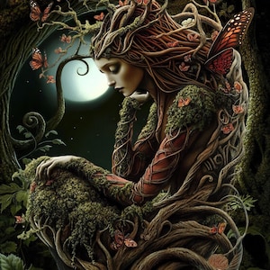 May include: A woman with long, flowing red hair is depicted as a tree nymph. Her body is intertwined with branches and vines, and she is adorned with moss and leaves. She is surrounded by butterflies and a full moon.