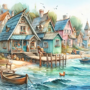May include: A watercolour painting depicting a charming seaside village with colourful houses, a wooden jetty, and a small boat in the water. The houses have blue, green, and pink roofs and are surrounded by verdant greenery.