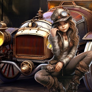 May include: A woman wearing goggles and a brown leather jacket sits in front of a vintage, steampunk-style car. The car has a brass and copper finish and intricate details. The woman is holding a small, round object in her hand.