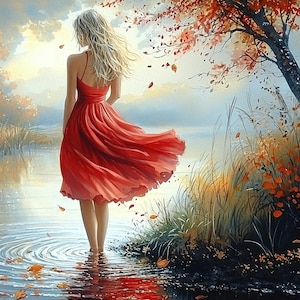May include: A person with long blonde hair wearing a sleeveless red dress standing in shallow water near a riverbank. The scene features a tree with orange and red autumn leaves, with scattered fallen leaves floating on the water surface.