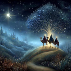 Può includere: Illustrazione digitale dei Re Magi sui cammelli sotto un cielo stellato. Un grande albero con luci dietro di loro. Un sentiero conduce a un castello in lontananza, evocando la magia del Natale.