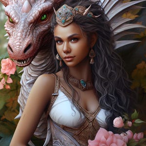 Pode incluir: Uma mulher com cabelo comprido e escuro usa uma coroa e um vestido branco com detalhes dourados. Ela está de pé ao lado de um dragão branco com escamas rosadas e olhos verdes. O fundo é uma imagem desfocada de folhas verdes e flores rosas.